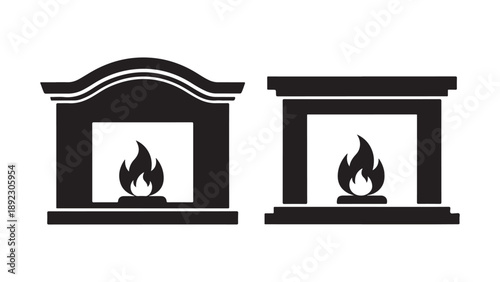 Modern Minimalist Fireplace Vector Illustration with Flames and Mantel Flat Design
