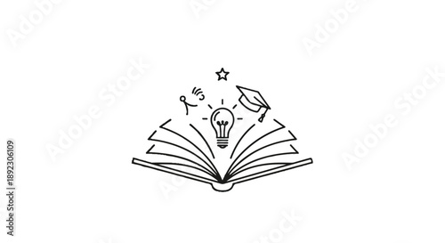 Line Art Illustration of an Open Book with a Glowing Lightbulb and Graduation Cap for Education Concept