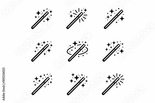 Magic wand icons with sparkles and stars in various styles