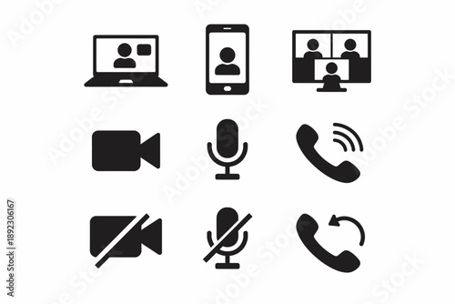 Communication icons: laptop, smartphone, video call, microphone, phone symbols