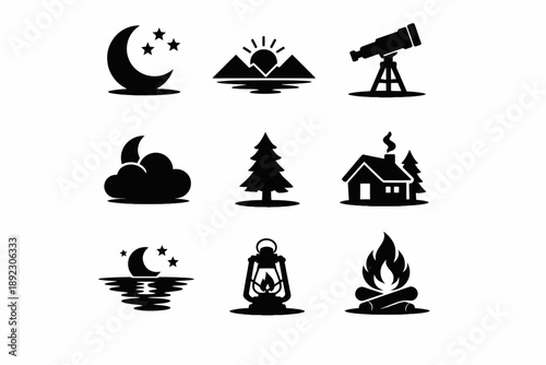 Nighttime icons: moon, stars, sunrise, telescope, cloud, tree, cabin, lantern, campfire