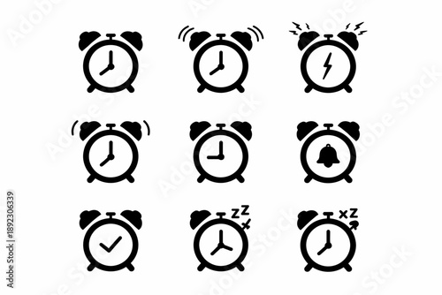 Icon set of alarm clocks with various symbols and notifications
