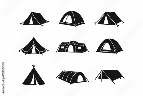 Collection of various camping tent silhouettes in different styles and designs