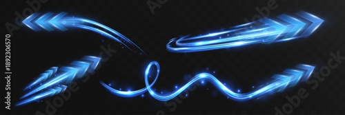 Set of futuristic glowing blue arrows with curved light trails on a dark transparent background, representing speed, direction, motion, energy, technology, and forward movement.

