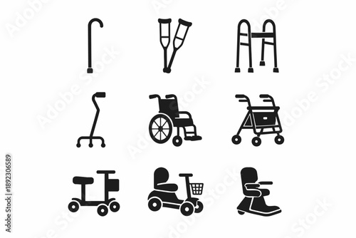 Mobility aids icons set: cane, crutches, walker, rollator, wheelchair, scooter
