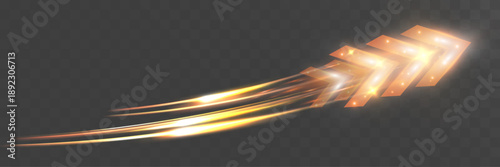 Glowing golden arrow light trails with sparkling particles on a transparent dark background, symbolizing speed, direction, energy, progress, and dynamic motion.
