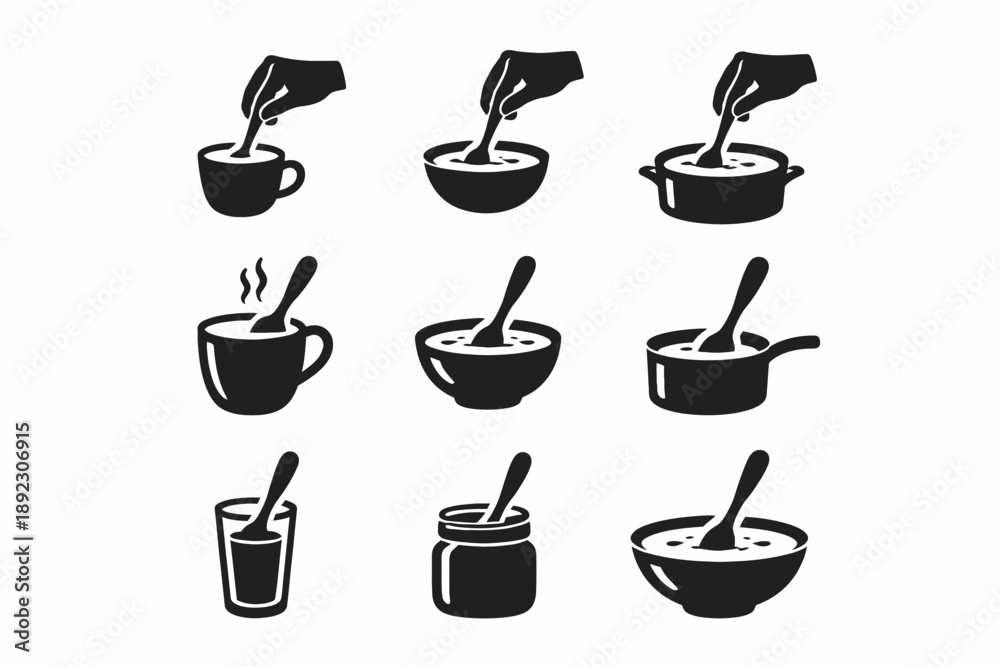 Fototapeta premium Set of black and white icons for stirring various food and drink containers