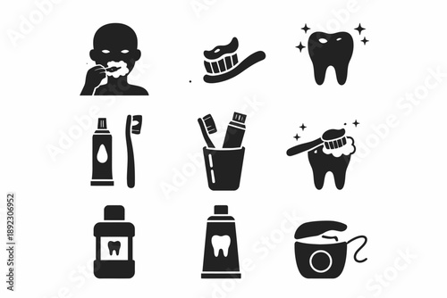 Dental hygiene icons: brushing, toothpaste, mouthwash, floss, tooth care