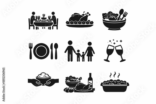 Family dining celebration: food, drink, and togetherness icons collection
