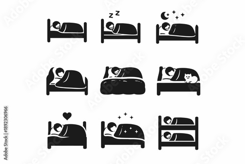 Nine simple sleep positions icons featuring bedtime routines and nighttime symbols