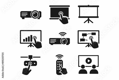 Projector and presentation icons: interactive screens and remote control symbols