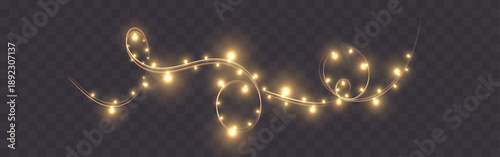 Glowing golden light garland with swirling luminous lines and sparkling points on a transparent dark background, creating a magical festive atmosphere with soft motion and elegant illumination.
