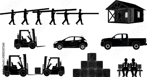 Industrial logistics and transportation silhouettes set featuring workers carrying beams, forklifts handling cargo, vehicles, storage crates, warehouse shed, and people sitting bench icons
