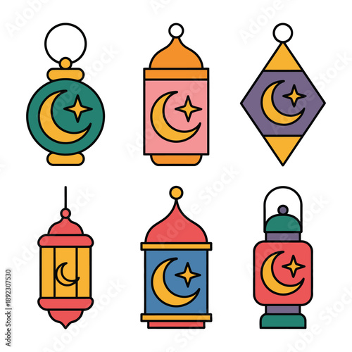 Geometric Lanterns Collection: A collection of six ornate lanterns, each featuring a unique geometric design and a crescent moon with a star, symbols of cultural significance.