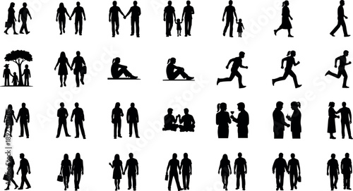 People and family silhouettes collection showing couples, parents with children, walking, running, sitting, talking activities, everyday social life human icons isolated on white background