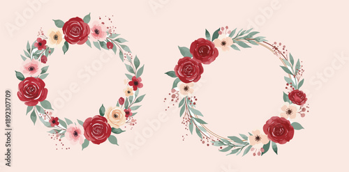 Two beautiful floral wreaths with red roses and green leaves on a soft pink background for decoration or design