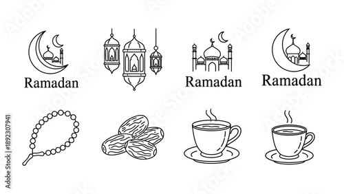 Ramadan Symbols and Icons: Illustrative icons capture the spirit of Ramadan, a time of reflection, community, and devotion.