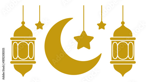 Celestial Lanterns: An artistic portrayal of Islamic culture and tradition, with an illuminated crescent moon, stars and lanterns in celebration of a holy night.