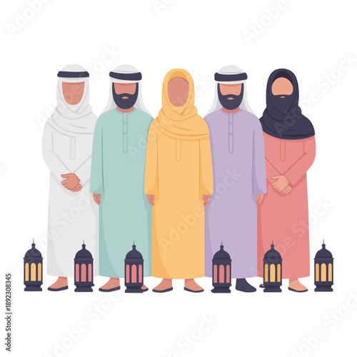 Arabian Ensemble: A dignified group of people in traditional Arabian attire stands together, accompanied by lanterns. A visual representation of culture, tradition, and the spirit of community.