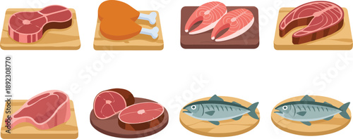 Butchery Meat Cuts Icon Set  Fresh Beef, Pork, Poultry, and Fish on Boards
