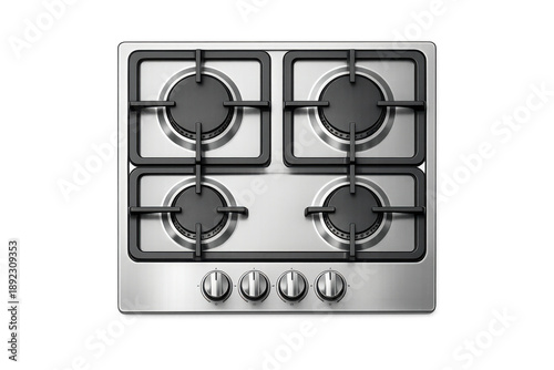 Modern stainless steel gas stove top view on gray background