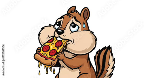 Greedy Chipmunk Eating a Large Slice of Pepperoni Pizza Illustration