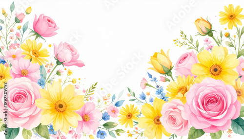 Abstract watercolor floral background with pink roses and yellow flowers frame