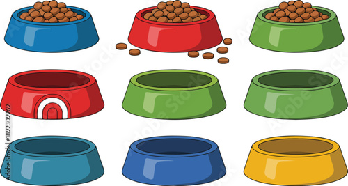 Pet Food Bowl Icon Set  Dry Kibble and Water Dishes for Dogs and Cats
