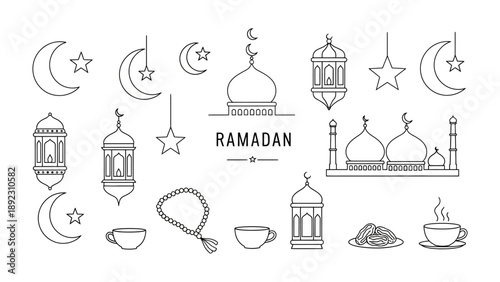 Ramadan Icons: A collection of Ramadan-themed vector graphics in clean black and white, featuring iconic symbols like crescent moons, lanterns, and mosques, perfect for design and illustration.
