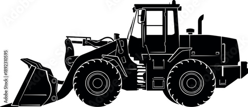 Wheel loader construction vehicle silhouette featuring heavy front loader machinery, industrial earthmoving equipment for building, mining and road construction projects isolated on white background