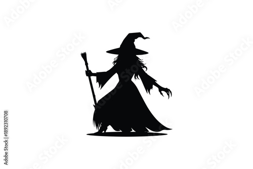 Witch silhouette holding broom isolated on white background, halloween magic character
