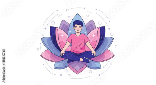Peaceful Man Practicing Yoga and Mindfulness Meditating in Giant Pink Lotus Flower