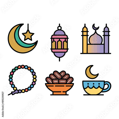 Islamic Symbols Vector Set: A collection of meticulously crafted vector icons representing essential symbols of Islam, capturing the essence of spirituality and cultural significance.