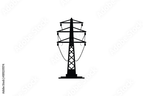 Black silhouette of electricity pylon with cables on white background, industrial design