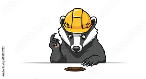 Grumpy Badger Wearing a Yellow Safety Construction Hard Hat