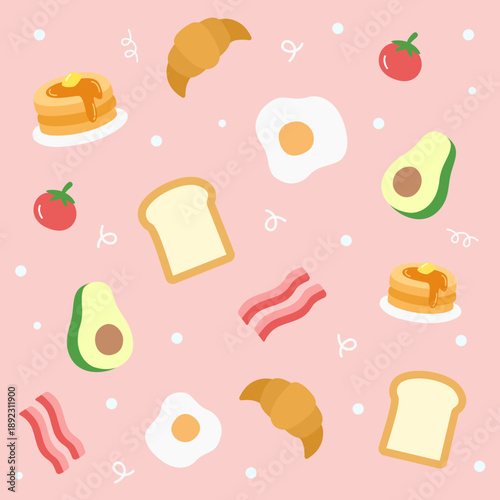 Adorable flat breakfast icons like avocado, croissant, bread, tomato, bacon, pancake, and fried egg on a soft pink background. Great for cute food illustrations and cheerful kitchen decor.