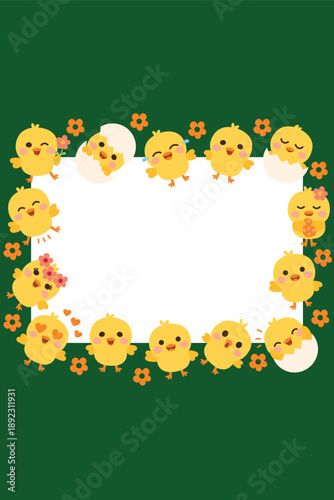 Playful Easter chicks frame flat vector illustration Adorable chick characters border with eggs Cute Easter spring flat vector design