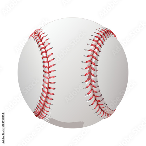 A single new baseball ball with red stitching is a round leather sports equipment object isolated on a white background for team game play