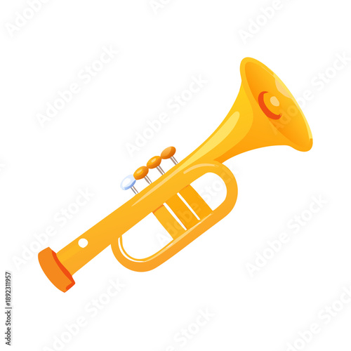 A golden brass trumpet vector illustration shows a polished jazz wind instrument isolated on a white background as a 3d musical object for orchestra or antique bugle art