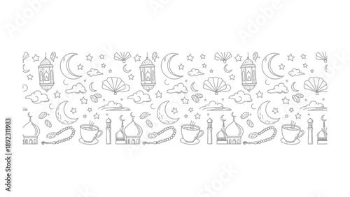 Islamic Ornamentation Pattern: A seamless illustration depicting various iconic elements such as crescent moons, lanterns, and stars. Reflecting spirituality. 