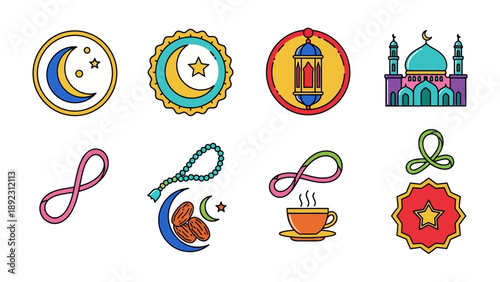 Islamic Symbols: A collection of vibrant illustrations showcasing various cultural and religious symbols.