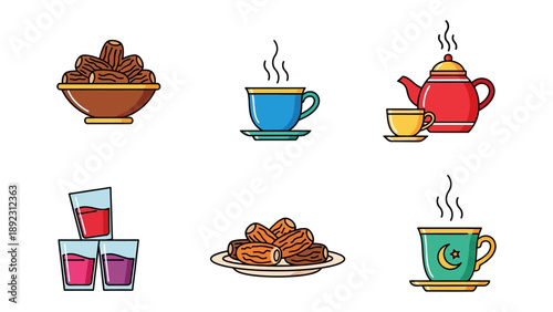 Tea and Dates Delight: A vibrant collection of tea cups, teapots, and plates of dates, evoking a sense of warmth and refreshment. A visual journey of cultural hospitality.
