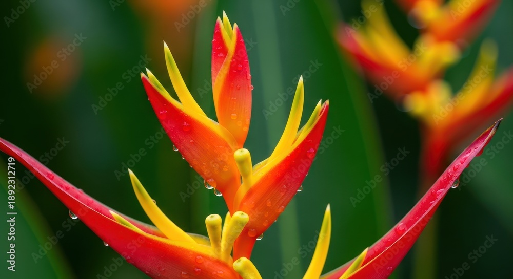 Obraz premium Vibrant heliconia flower with water droplets against a lush backdrop
