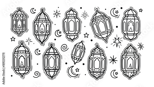Illustrative Lanterns: A collection of meticulously detailed lantern designs, each adorned with intricate patterns, stars, and crescent moons, creating a visually captivating composition. 