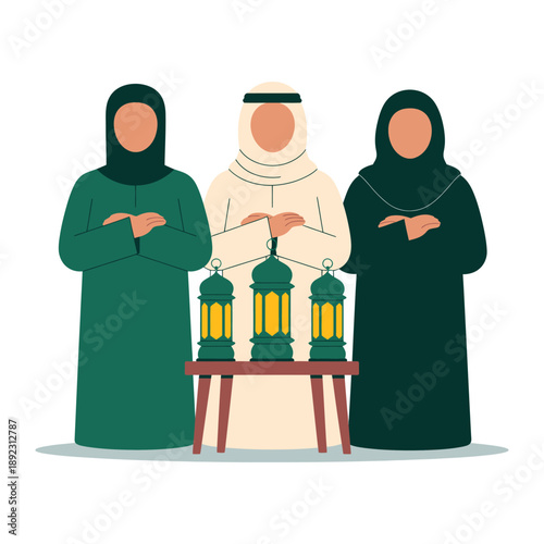 Harmony in the Holy Gathering: Three individuals, wrapped in traditional attire, stand together, united in a shared moment. Lanterns sit on the table.