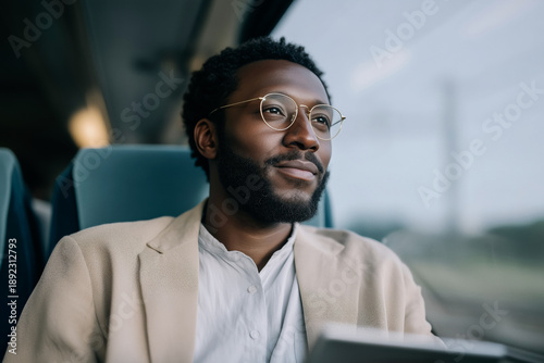 Business traveler with glasses commuting by train and looking out the window
