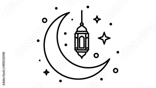 Lunar Serenity: A delicate crescent moon, adorned with a hanging lantern and shimmering stars, evokes a sense of peace and contemplation.
