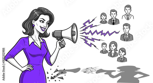 A confident woman powerfully amplifies her message through a megaphone, effectively engaging a diverse audience with her compelling voice and influential communication skills.