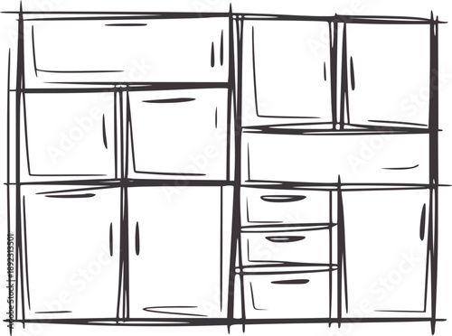 Minimalist line of a modular storage unit with drawers and doors