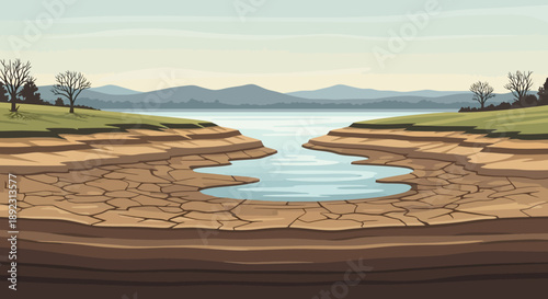Drought landscape with cracked earth riverbank and serene water